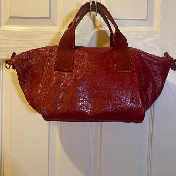 Francesco Biasia leather & suede deep Red medium Satchel gold studs accents. - Picture 6 of 16